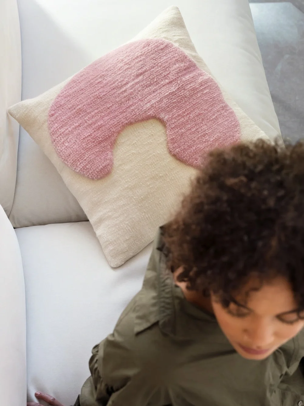 IKEA Cream Throw Pillow with Pink Abstract Tuft